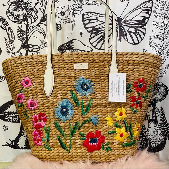 • NWT KATE SPADE OTHER GARDEN BOUQUET STRAW TOTE LARGE GREEN YELLOW MULTI - Picture 1 of 10